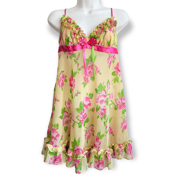 Betsey Johnson Other - Vintage Betsey Johnson Intimates Yellow Pink Floral Babydoll Dress Size M